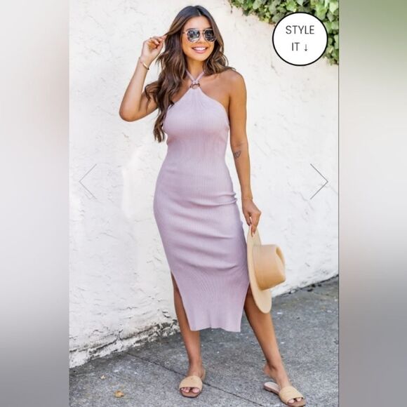 NWOT - Pink Lily Boutique Mauve Pink Ring Halter Ribbed Knit Midi Dress - Picture 1 of 5